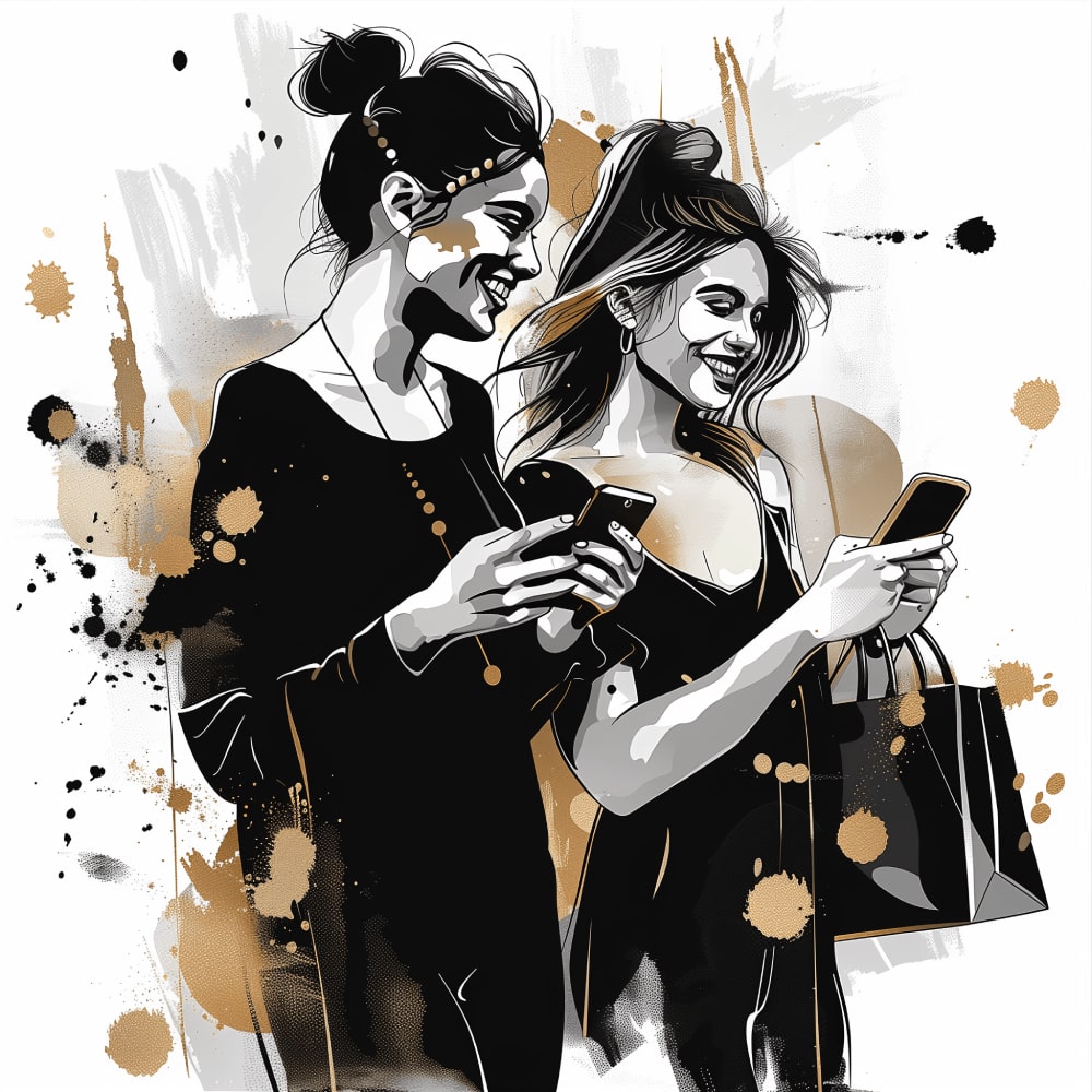 a couple of women holding phones