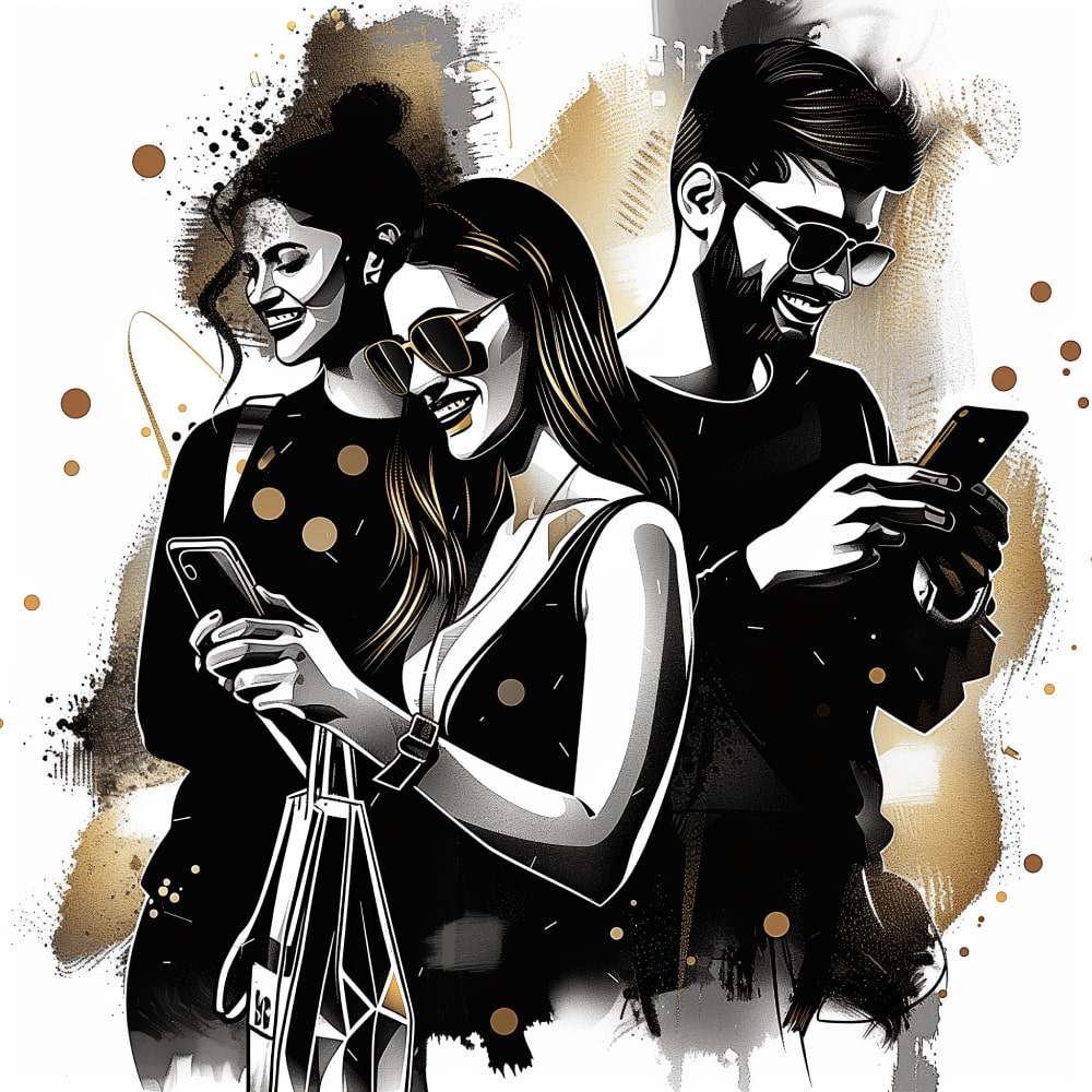 un grupo de personals comprando en linea en su telefono en usa personal shopper